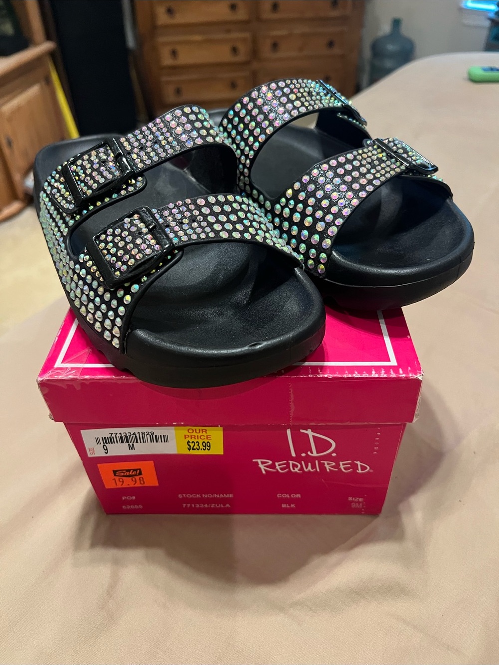 Kids' Black Slide Sandals with Iridescent Rhinestones